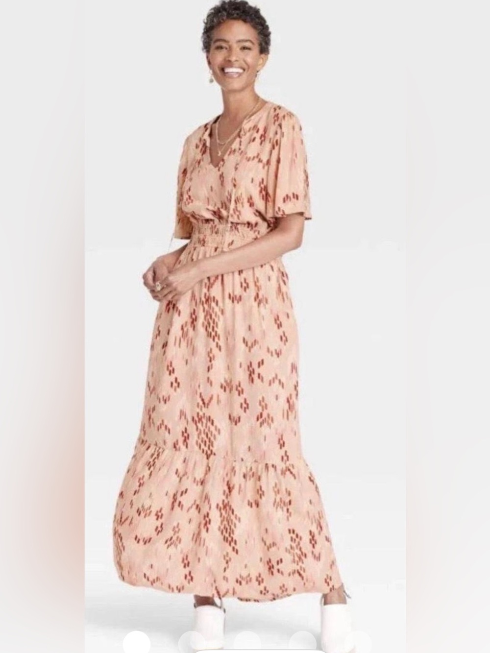 Women's Beige peach Print V-Neck Maxi Dress